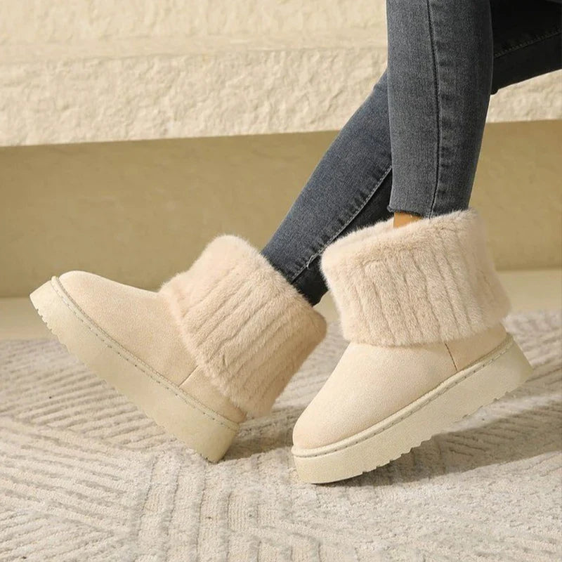 Botas de nieve sin cordones para mujer con detalles de felpa, diseño hidrófugo y suela de apoyo – Cálidos botines de invierno para días fríos, uso diario y actividades al aire libre