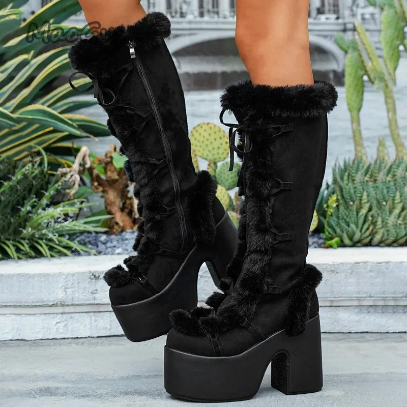 Botas de nieve de ante hasta la rodilla para mujer con forro de felpa, suela de plataforma y cordones – Cálidas botas de invierno con tacón de bloque para días fríos y actividades al aire libre