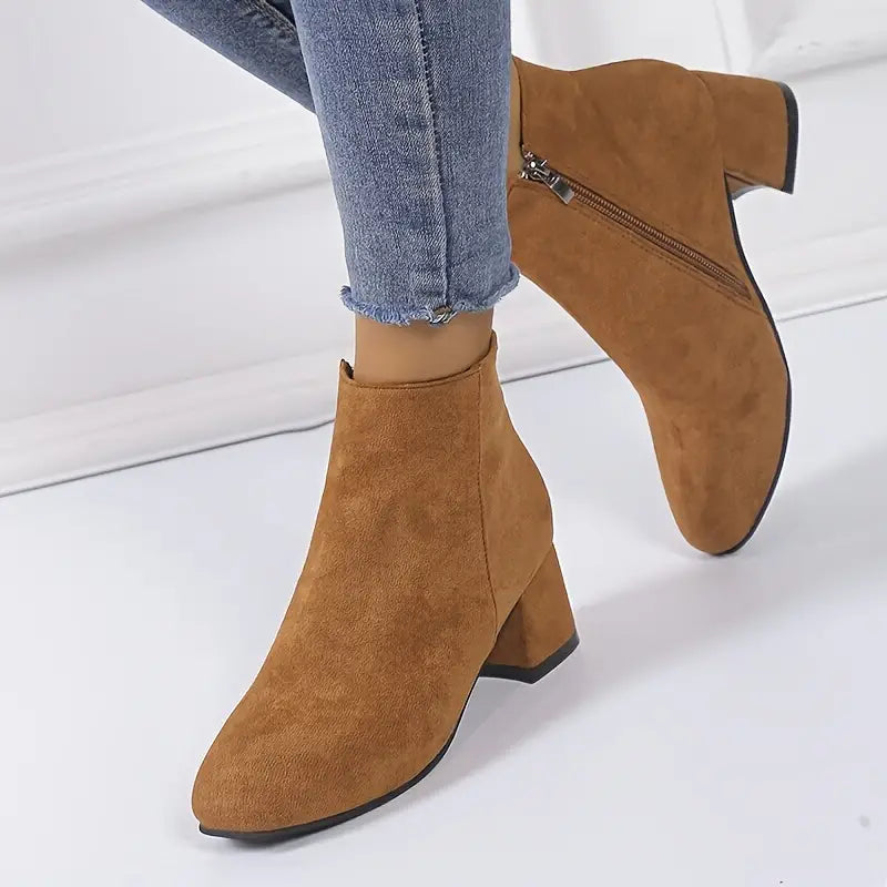 Botines para mujer con aspecto de ante y cremallera lateral – Botas clásicas con tacón cuadrado para el día a día con comodidad y atuendos elegantes