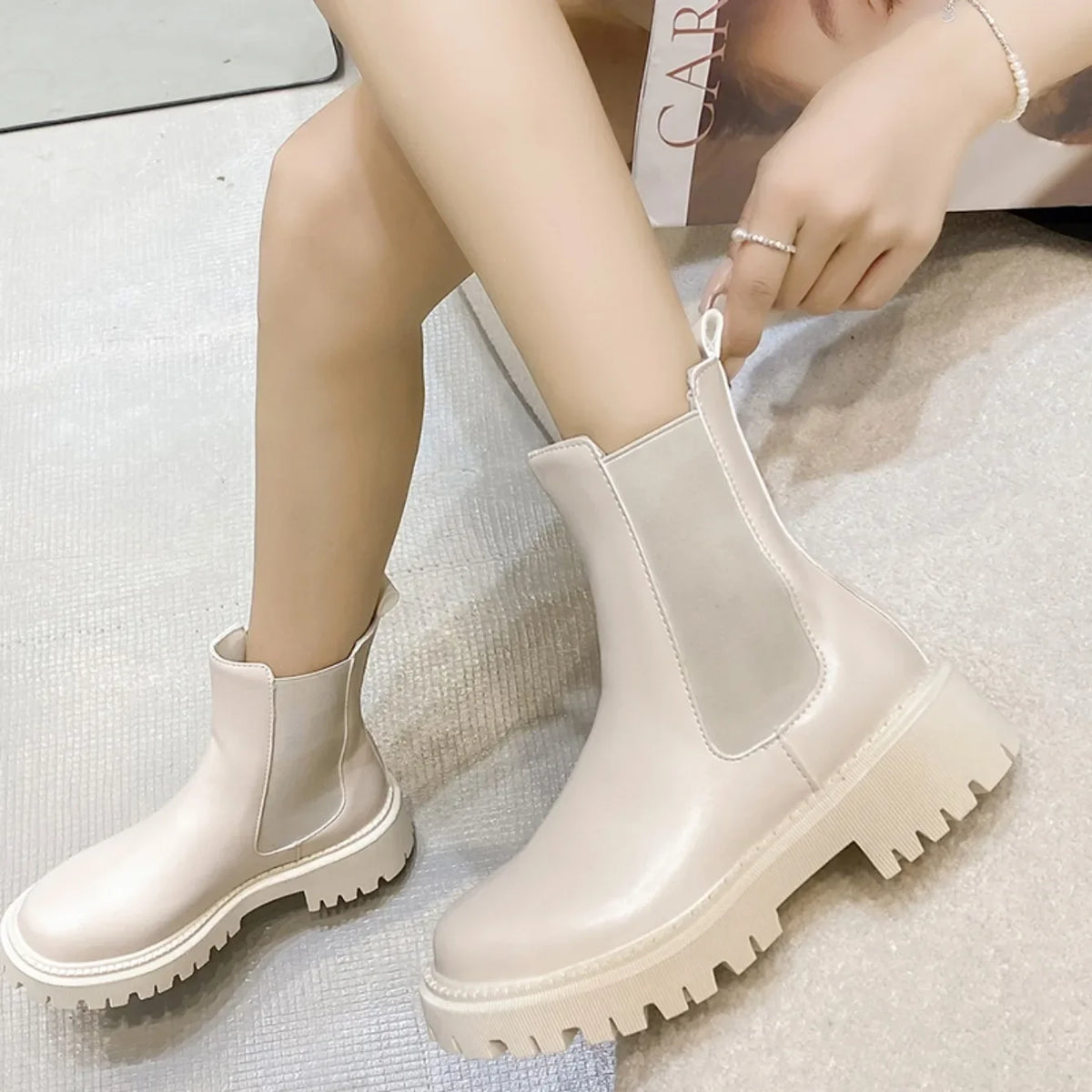 Botines Chelsea chunky para mujer con suela gruesa dentada - botines modernos para otoño, invierno, uso diario y tiempo libre