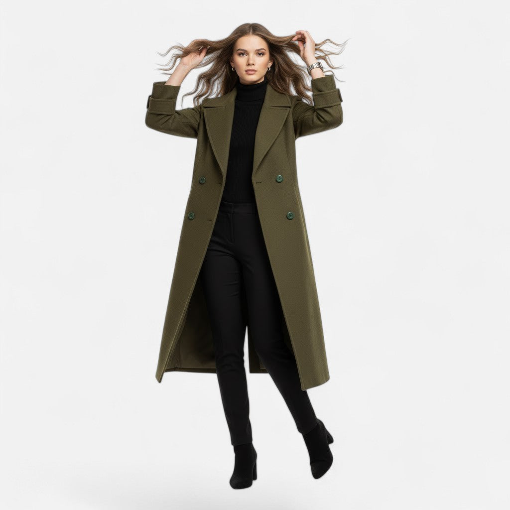 Abrigo para mujer de corte entallado, mezcla de cachemira y cierre de doble botonadura - Prenda de abrigo elegante para otoño, invierno, la oficina y el día a día