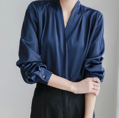 Dame Satin Slå-om-bluse Med Draperede Lange Ærmer