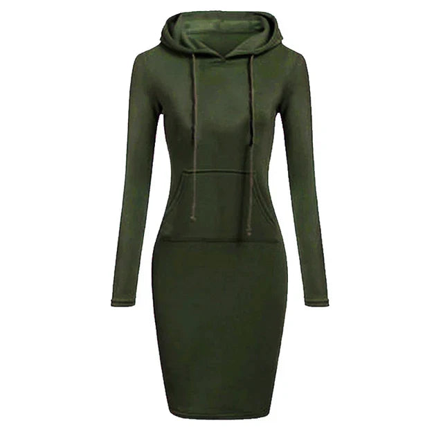 Women's Hooded Sweatshirt Dress with Long Sleeves and Kangaroo Pocket - Relaxed Midi Dress for Everyday Wear, Leisure and Casual Style