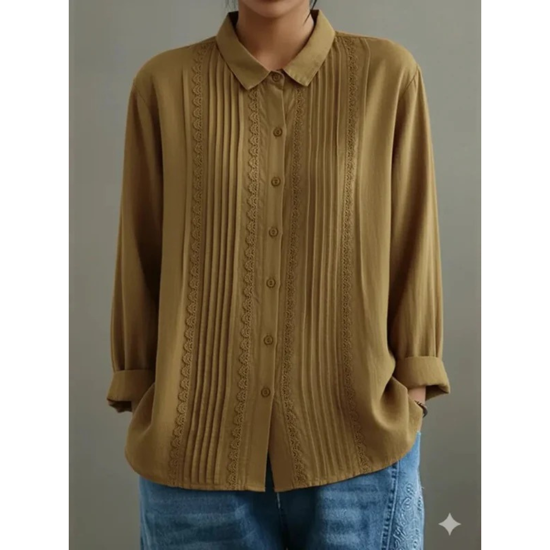 Dame Plisseret Skjortebluse Med Lange Ærmer – Afslappet Bluse Til Kontor, Hverdagsbrug Og Smart Casual Stil