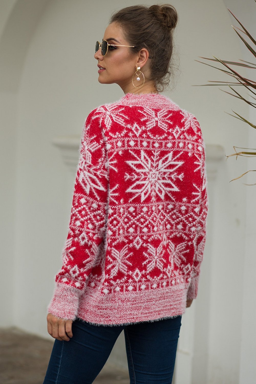 Dame Nordisk Striksweater Med Snefnugmønster Og Rund Hals – Varm Vinterpullover Til Kolde Dage, Hverdagsbrug Og Festlig Stil