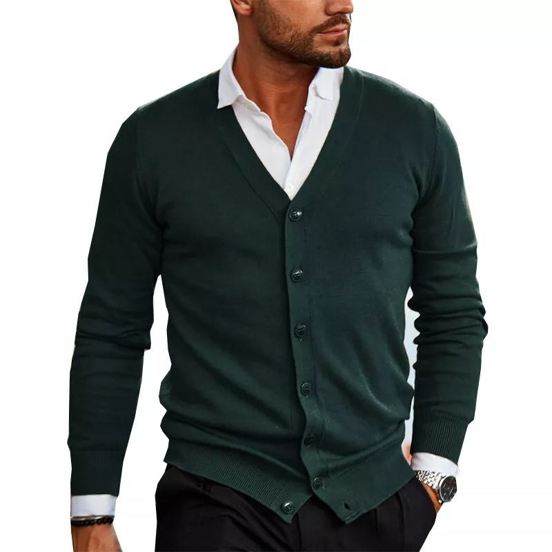 Cárdigan de punto de manga larga para hombre con cuello de pico y cierre de botones – Suéter de punto suave para oficina, tiempo libre, uso diario y estilo informal elegante