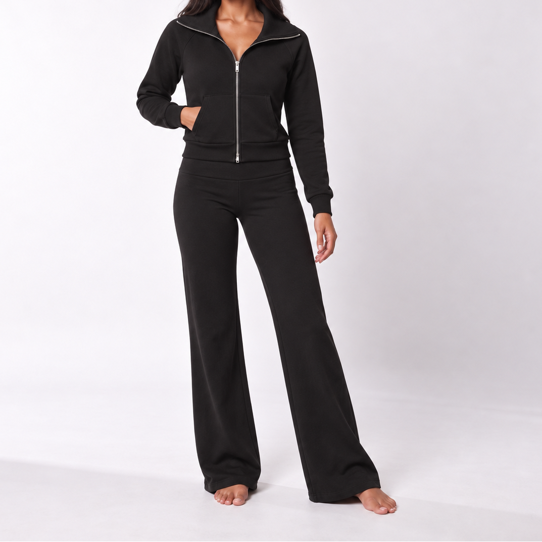 Set fleece din două piese pentru femei, cu jachetă și pantaloni cu croială largă – set lejer, cu guler și fermoar, pentru toamnă, iarnă și confortul de zi cu zi