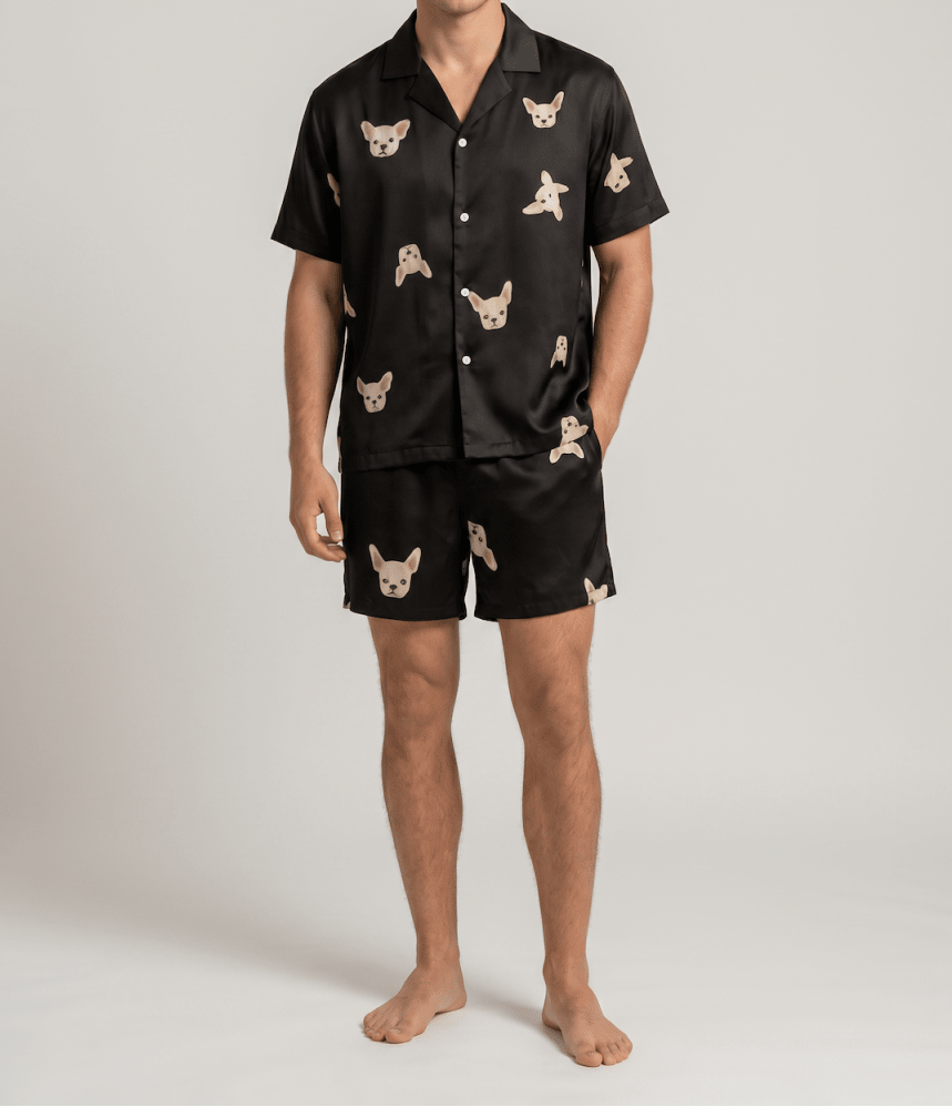 Men's Patterned Satin Pyjama Set – Short-Sleeved Button-Down Sleep Shirt And Matching Shorts For Comfortable Sleep And Relaxation At Home