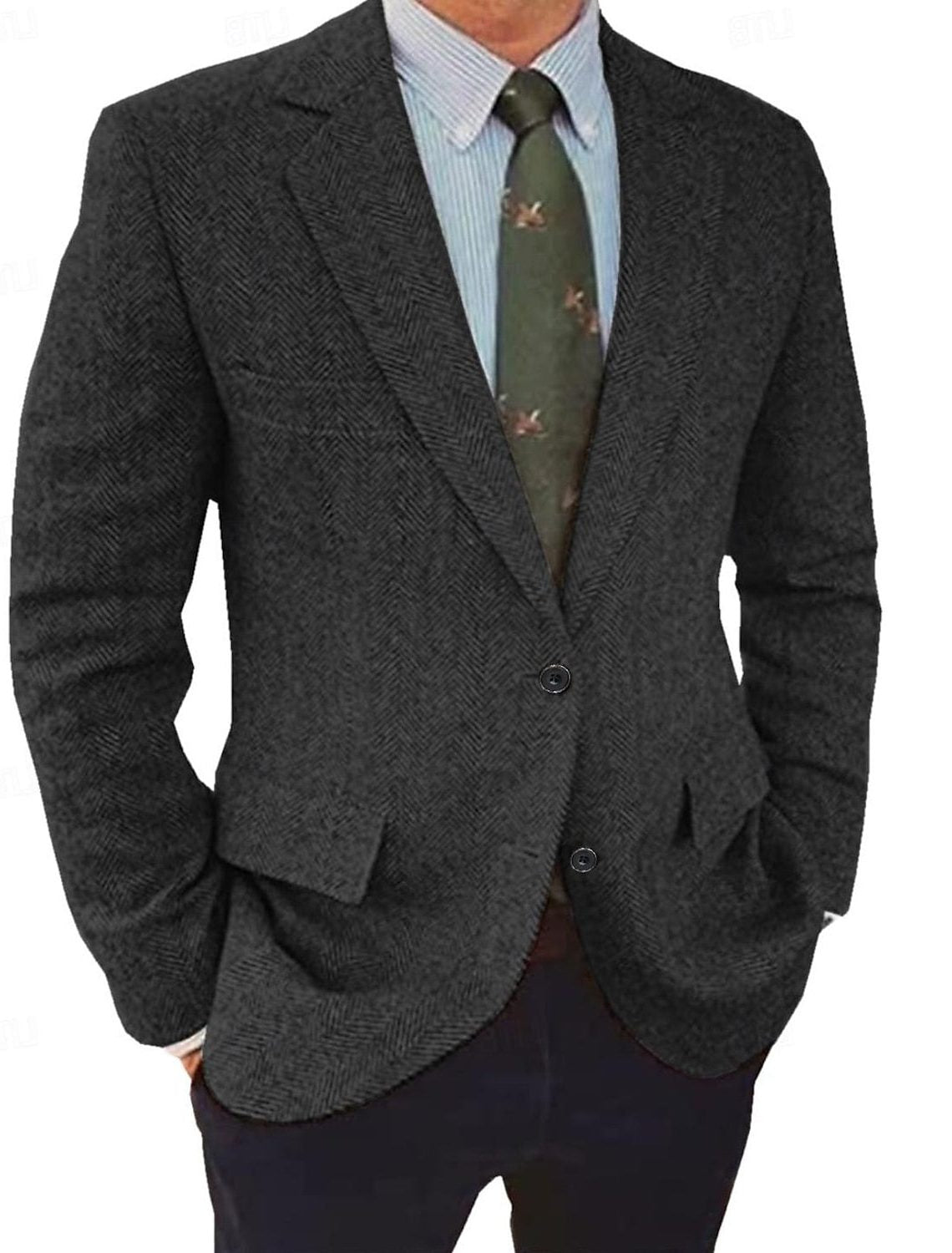 Męska marynarka w jodełkę o kroju regular fit, zapięciem na guziki i klasycznymi klapami - elegancka kurtka na formalne okazje, do pracy i w stylu smart casual