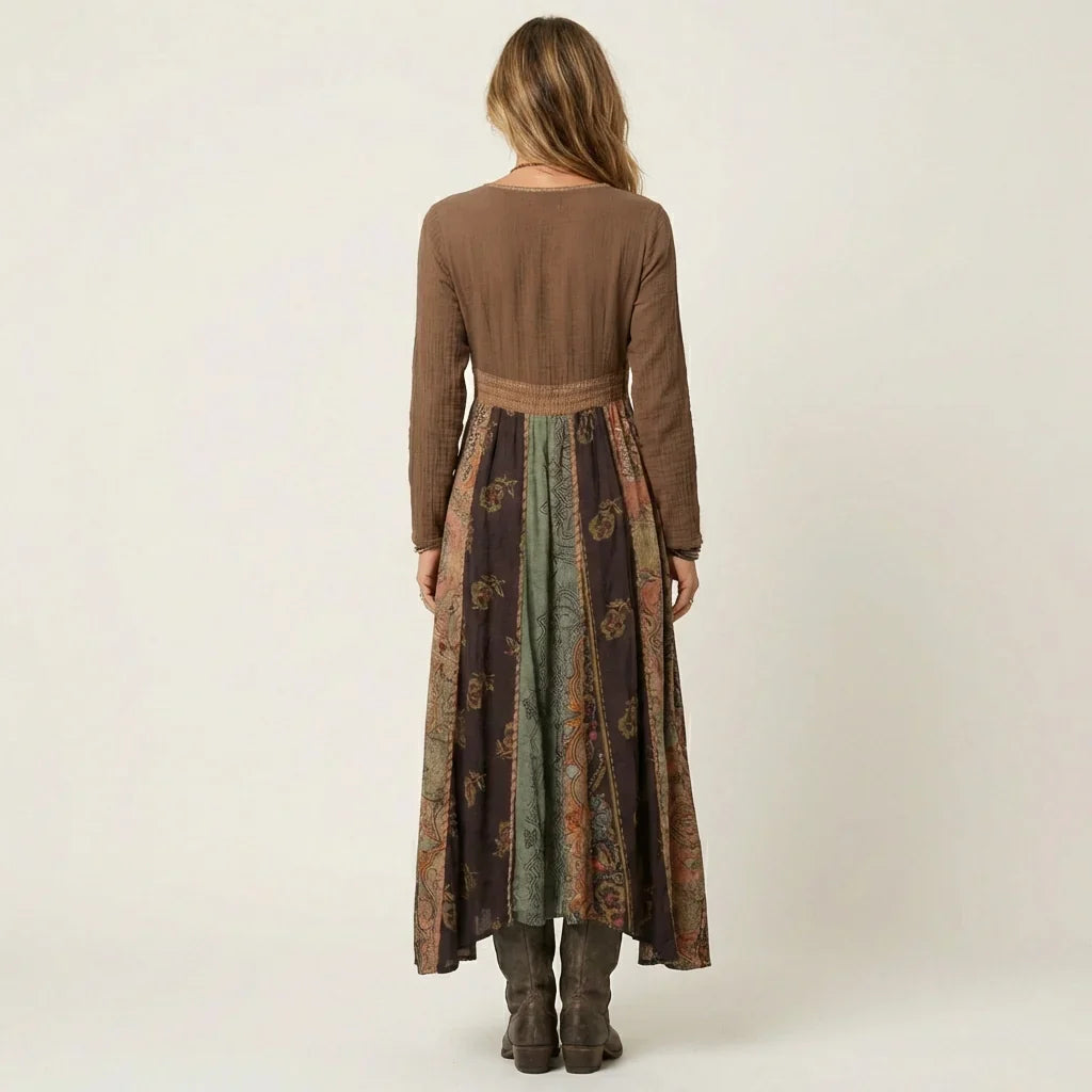 Women's Patterned Bohemian Maxi Dress with V-Neck – Elegant Long Dress for Summer, Vacation, Beach, and Casual Occasions