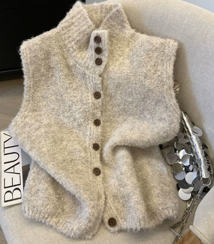 Ladies' Sleeveless Knitted Vest with High Neck and Button Closure – Versatile Top for Casual Everyday Wear and Layering