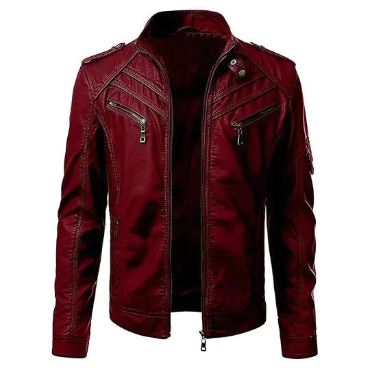 Men's leather racer jacket with multiple zippers - Structured moto jacket for everyday wear, leisure, and city life