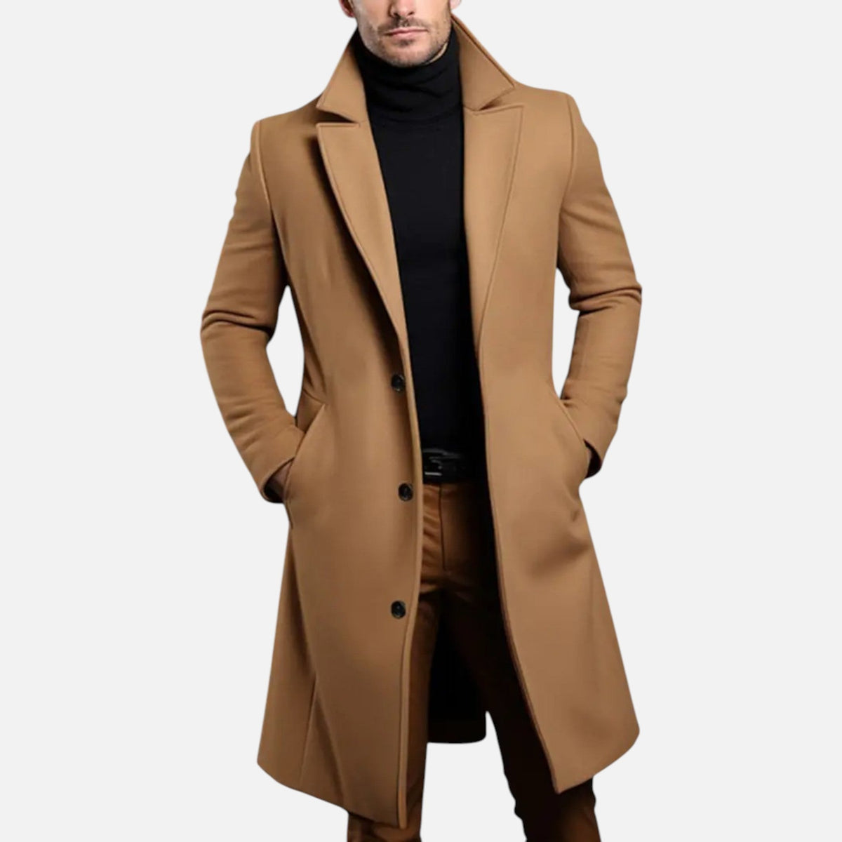 Męski długi jednorzędowy płaszcz o dopasowanym, taliowanym kroju – elegancki płaszcz zimowy do biura i stylizacji smart casual