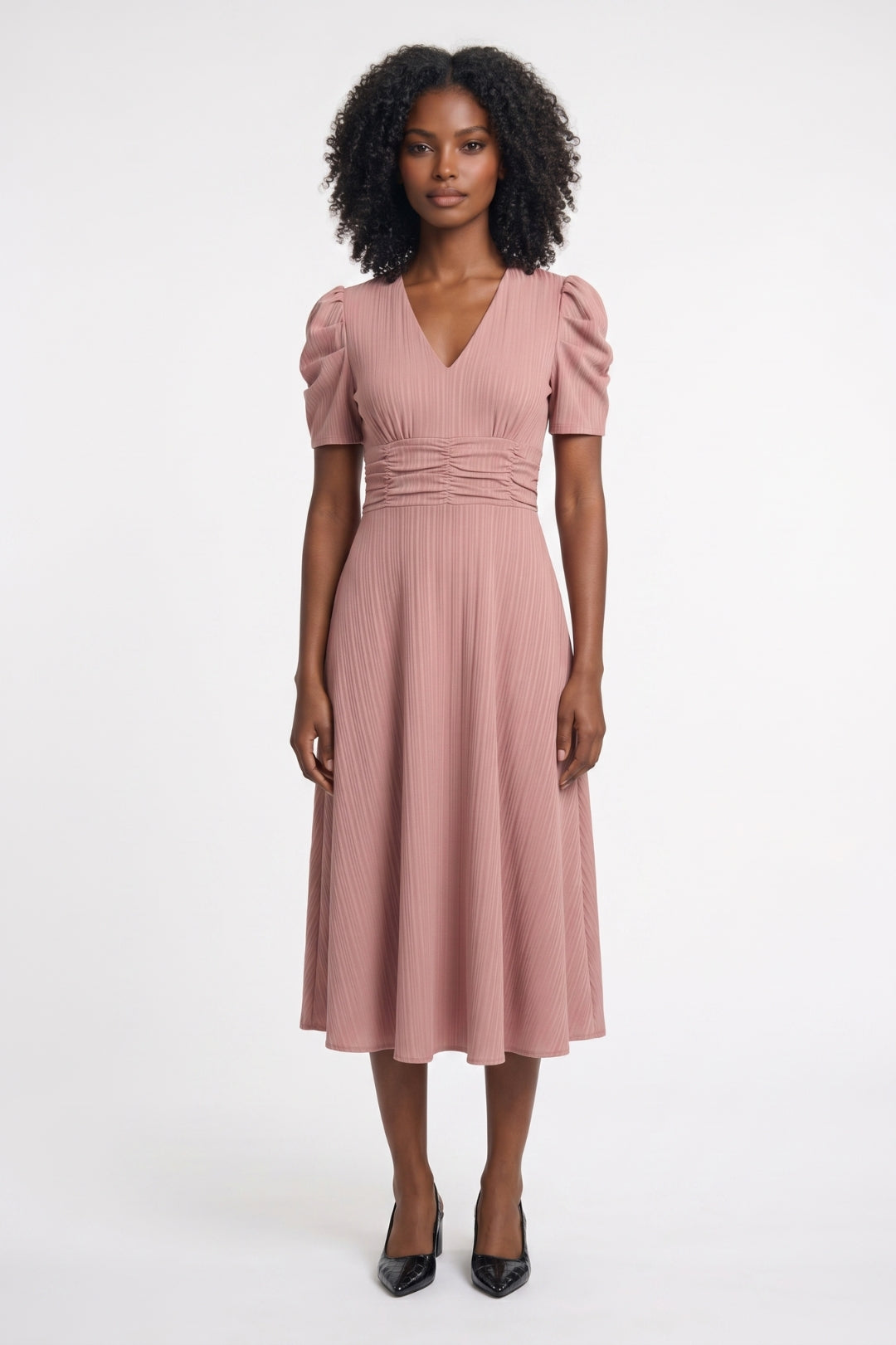 Women's Pleated Midi Dress with Ruched Waist and Puff Sleeves – Elegant Dress for Parties, Dinners, and Special Occasions