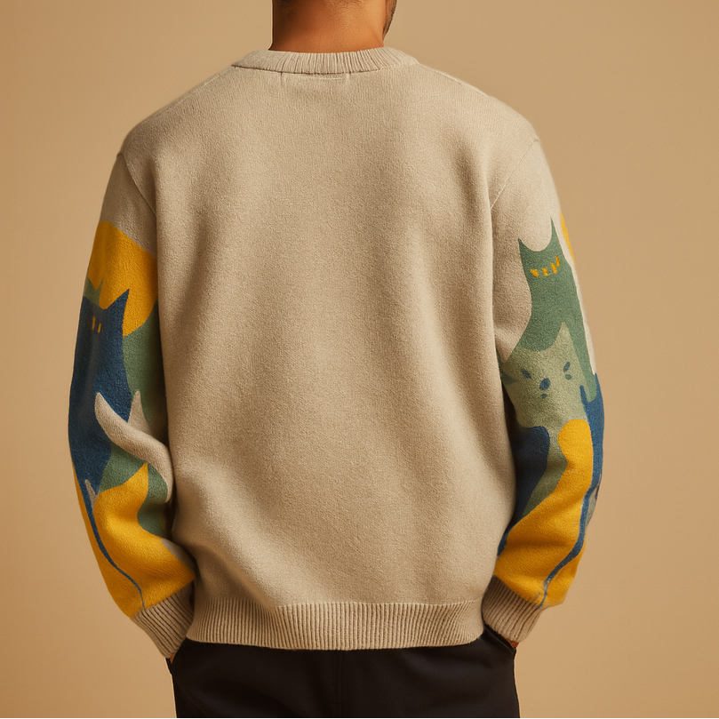 Men's oversized printed knit sweater with a crew neck - Soft, warm pullover for casual everyday wear, weekends, and autumn and winter