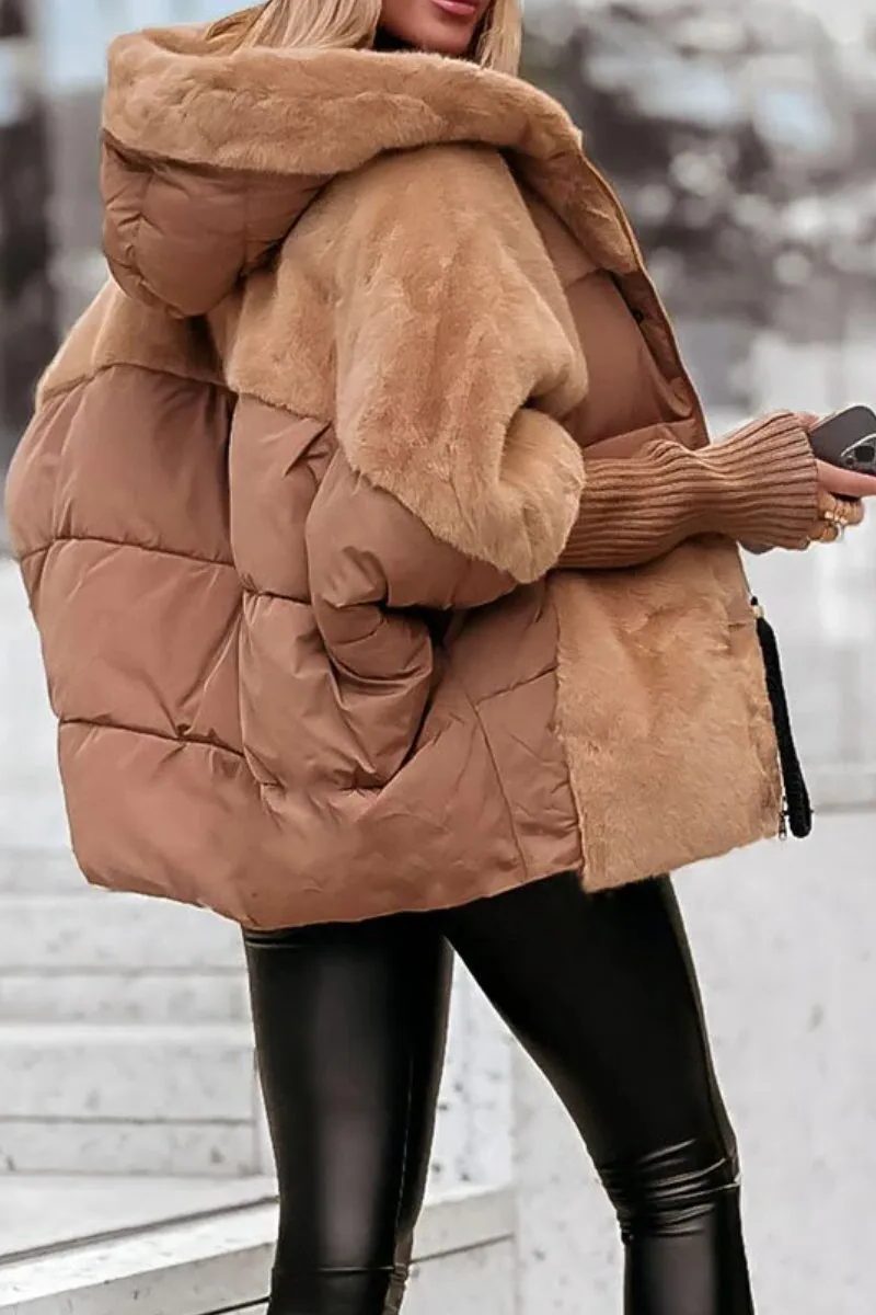 Dámská oversized péřová bunda z umělé kožešiny s kapucí a měkkým kožešinovým lemem – hřejivá zimní bunda do chladných dnů a pro stylové vrstvení
