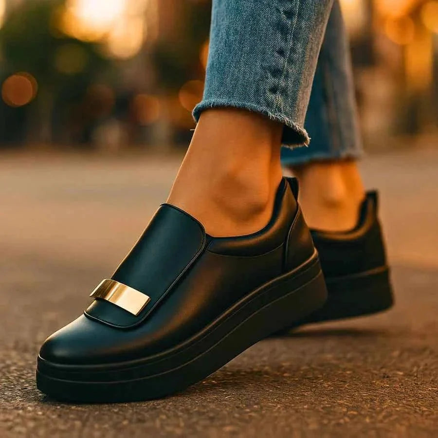 Dámské mokasíny na platformě – nazouvací obuv s robustní podrážkou a přezkou pro smart casual styl a elegantní každodenní nošení