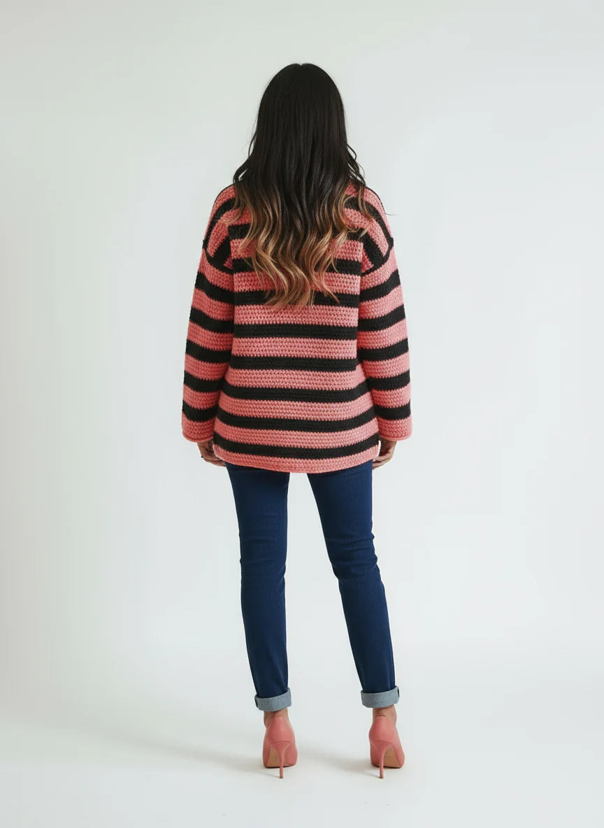 Women's oversized striped sweater with textured knit - long-sleeved sweater with a loose fit for fall and winter