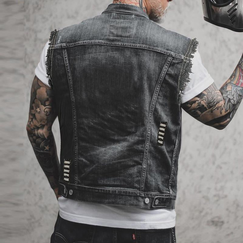 Chaleco biker vaquero desgastado para hombre, sin mangas, con bordes sin rematar y bolsillos en el pecho - Chaleco trucker llamativo para uso diario, ocio y estilo casual