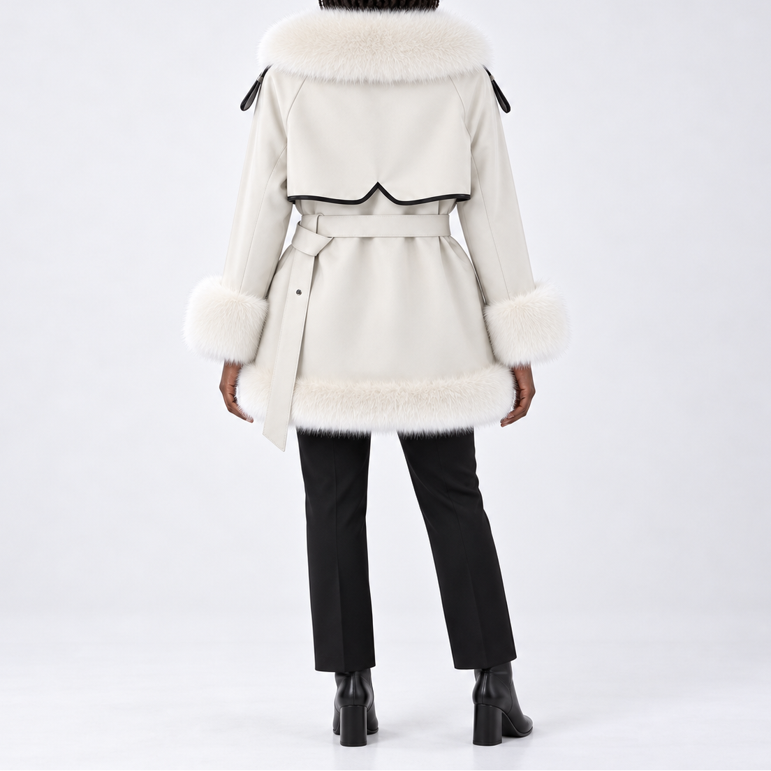 Women's Winter Coat with Fur Trim, Statement Collar, and Buckle Belt – Elegant Outerwear for Cold Days and Stylish Evening Events