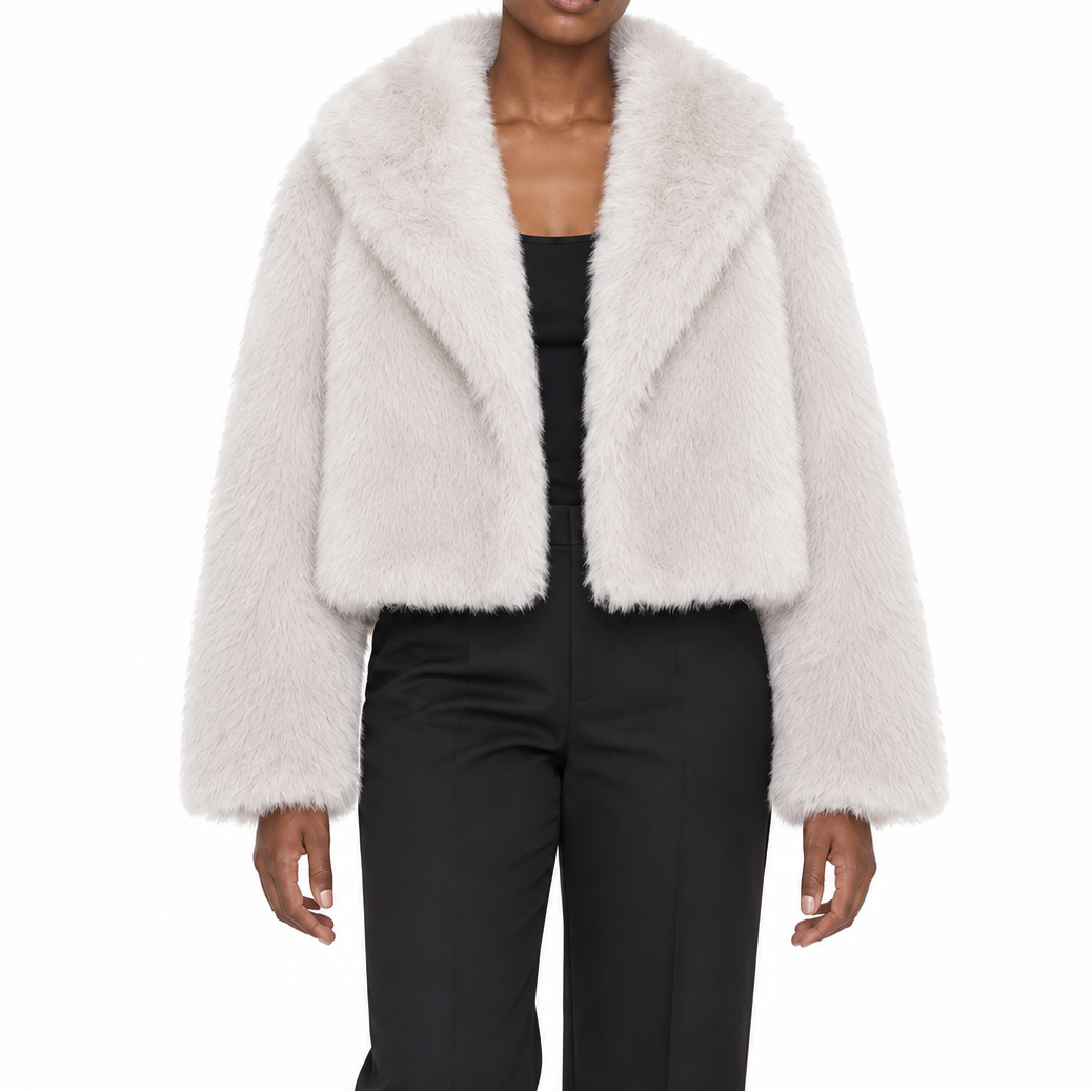 Women's short faux fur winter jacket with wide lapels - Soft, elegant jacket for cold days and stylish layered outfits for nights out