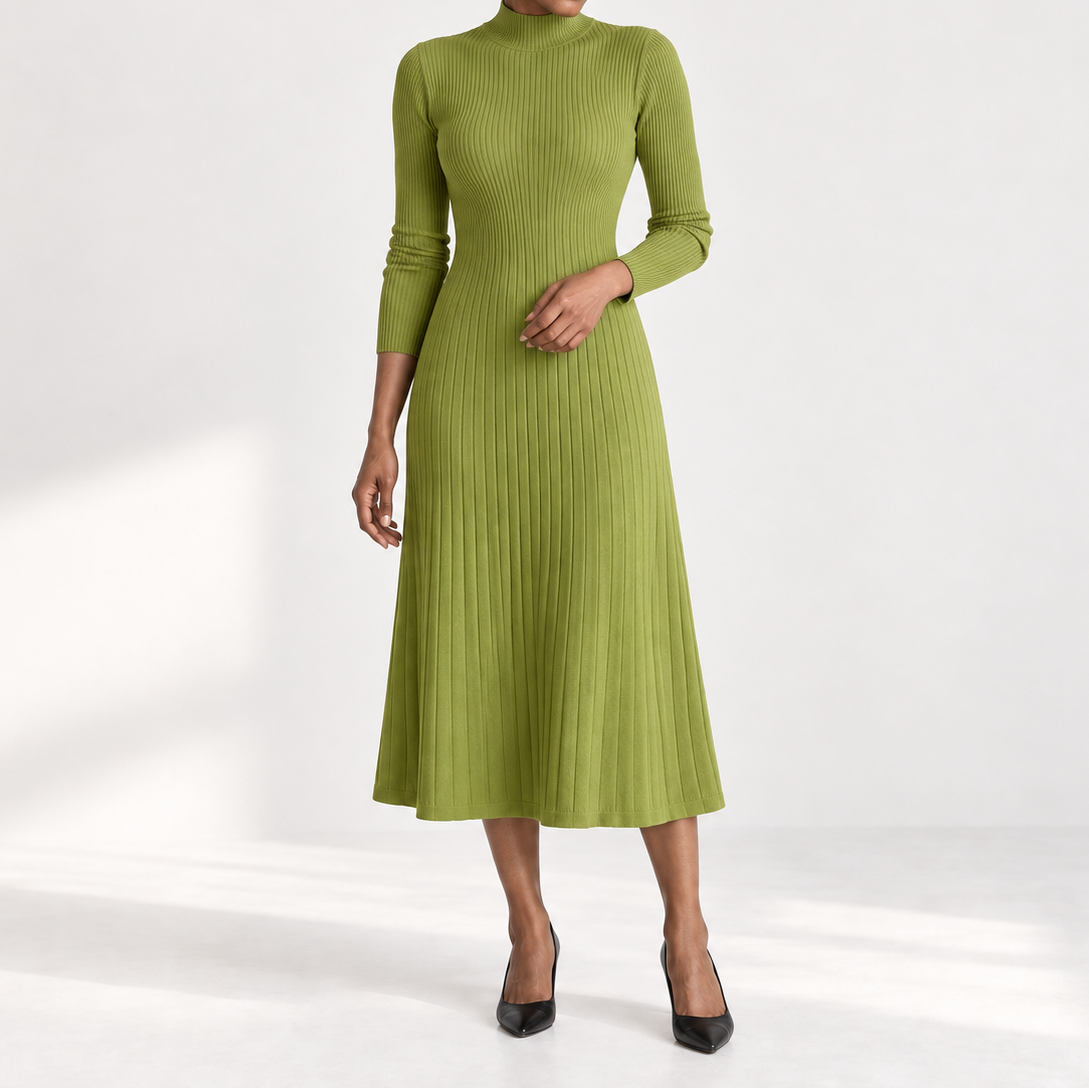 Women's ribbed knit midi dress with low turtleneck and long sleeves - Fitted dress with flared skirt for fall, winter, and elegant occasions
