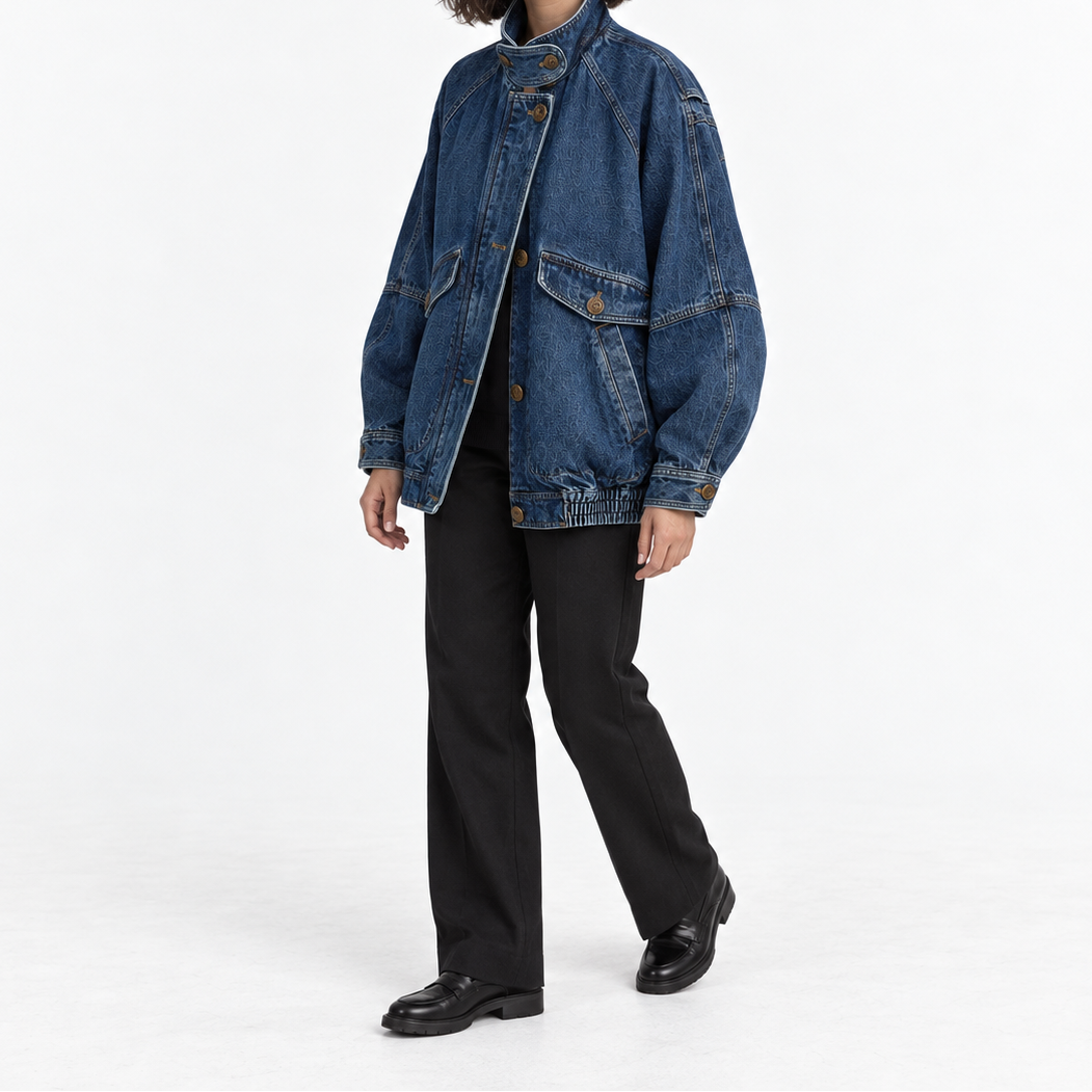 Women's Oversized Denim-Look Bomber Jacket with Strap-Detail Collar – Washed Finish and Flap Pockets for a Relaxed Layered Look in Spring