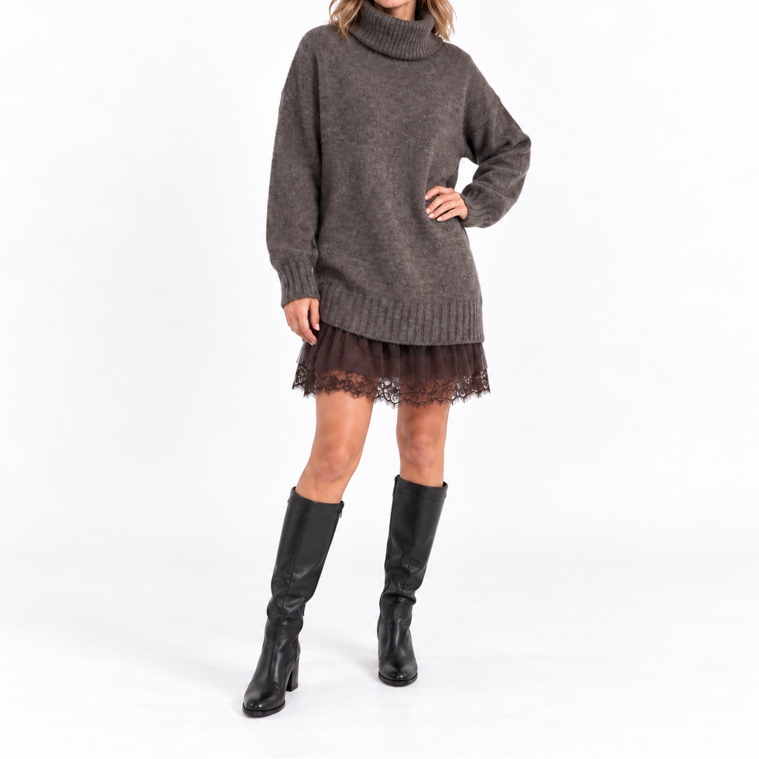 Women's two-piece knit set with oversized turtleneck sweater with lace details and mini dress - Casual yet elegant outfit for fall and winter
