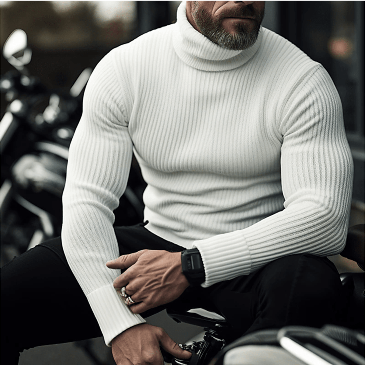 Men's slim-fit rib-knit turtleneck sweater with long sleeves – warm and elegant pullover for smart-casual style, fall, winter, and everyday wear