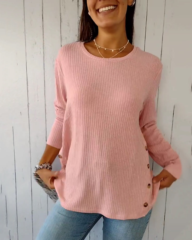 Top de punto de manga larga para mujer con cuello redondo, confeccionado en una mezcla de algodón - Prenda básica cómoda para el día a día, combinar en capas, el tiempo libre y un estilo casual elegante