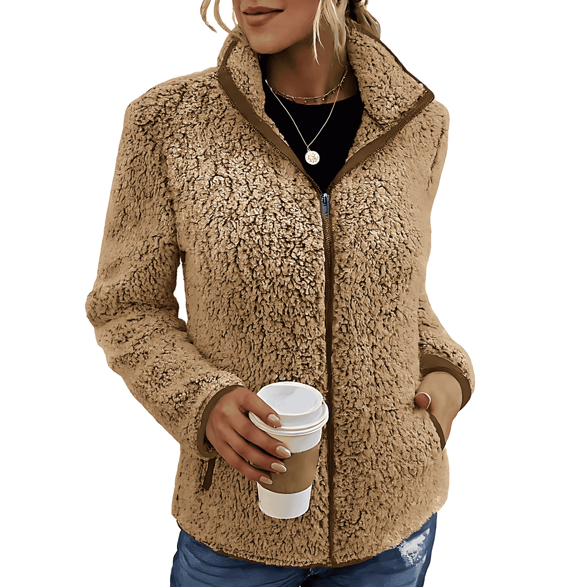 Women's Sherpa Fleece Jacket With Zipper – Soft Teddy Jacket With High Collar And Side Pockets For Warm Layered Outfits And Everyday Wear
