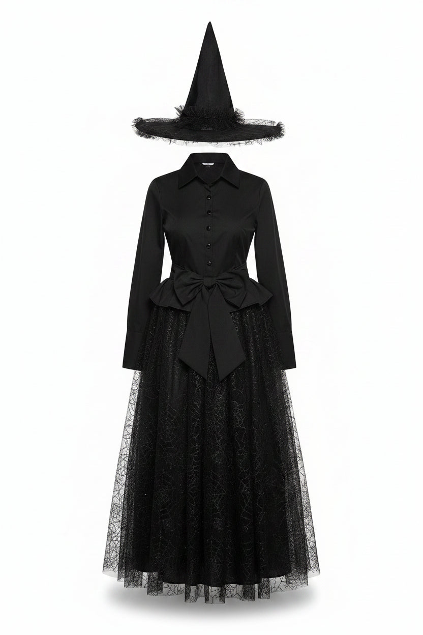 Damska czarna sukienka czarownicy z koronką w pajęczynę i kapeluszem – kostium na Halloween, imprezy tematyczne i bale przebierańców