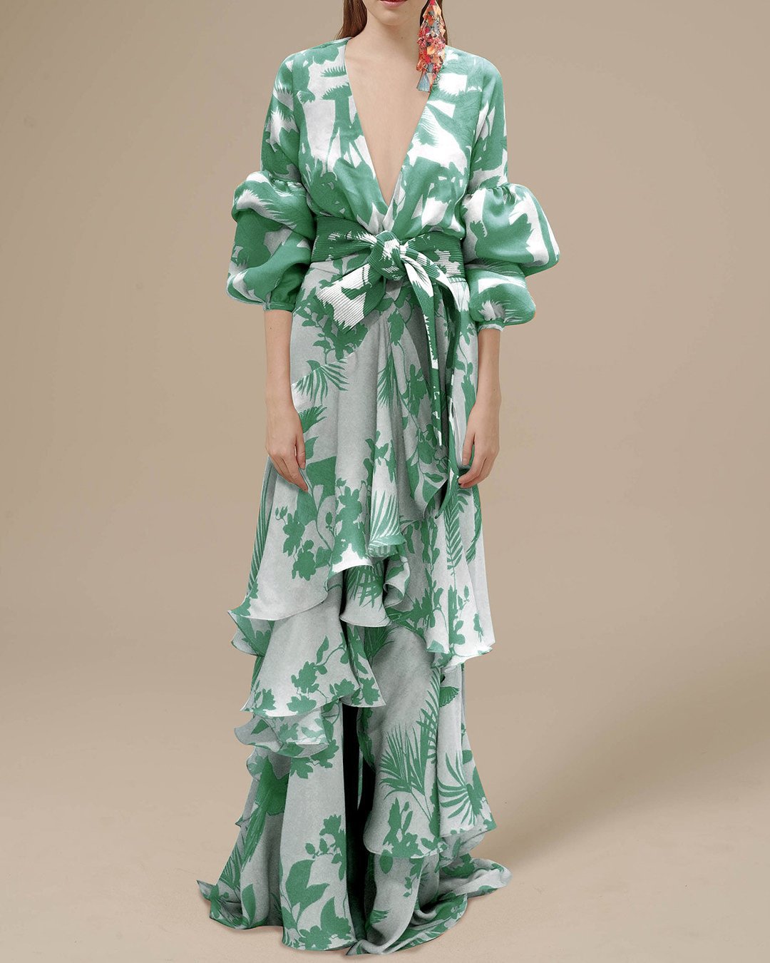 Women's Printed Wrap Maxi Dress with Ruffle Hem and Tie Belt