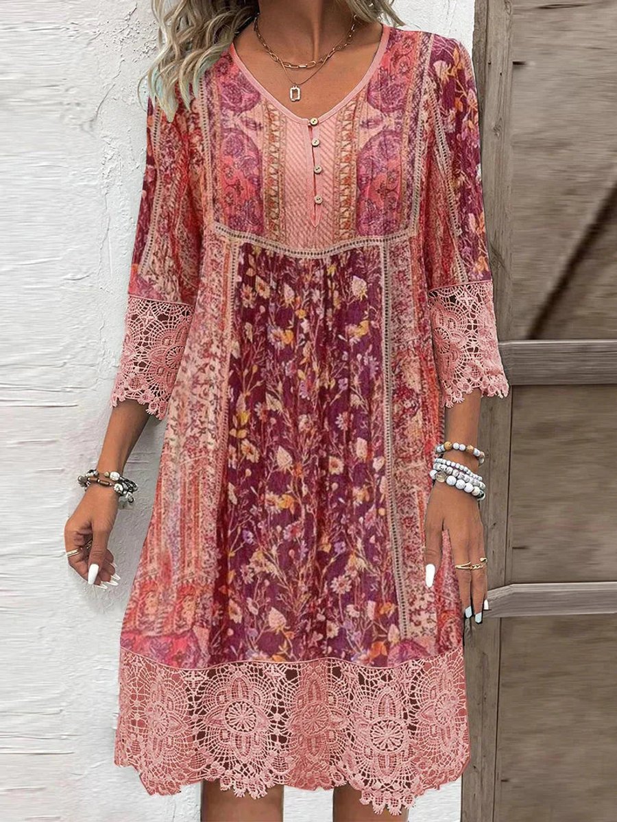 Women's Bohemian-inspired A-line tunic dress with floral print and 3/4 sleeves - lightweight summer dress with lace trim for vacations and casual everyday wear