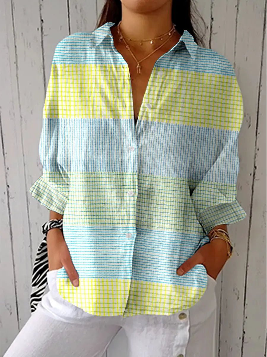 Blusa ligera estampada para mujer con manga larga y cierre de botones - Camisa informal para el trabajo, el verano y un día a día con estilo