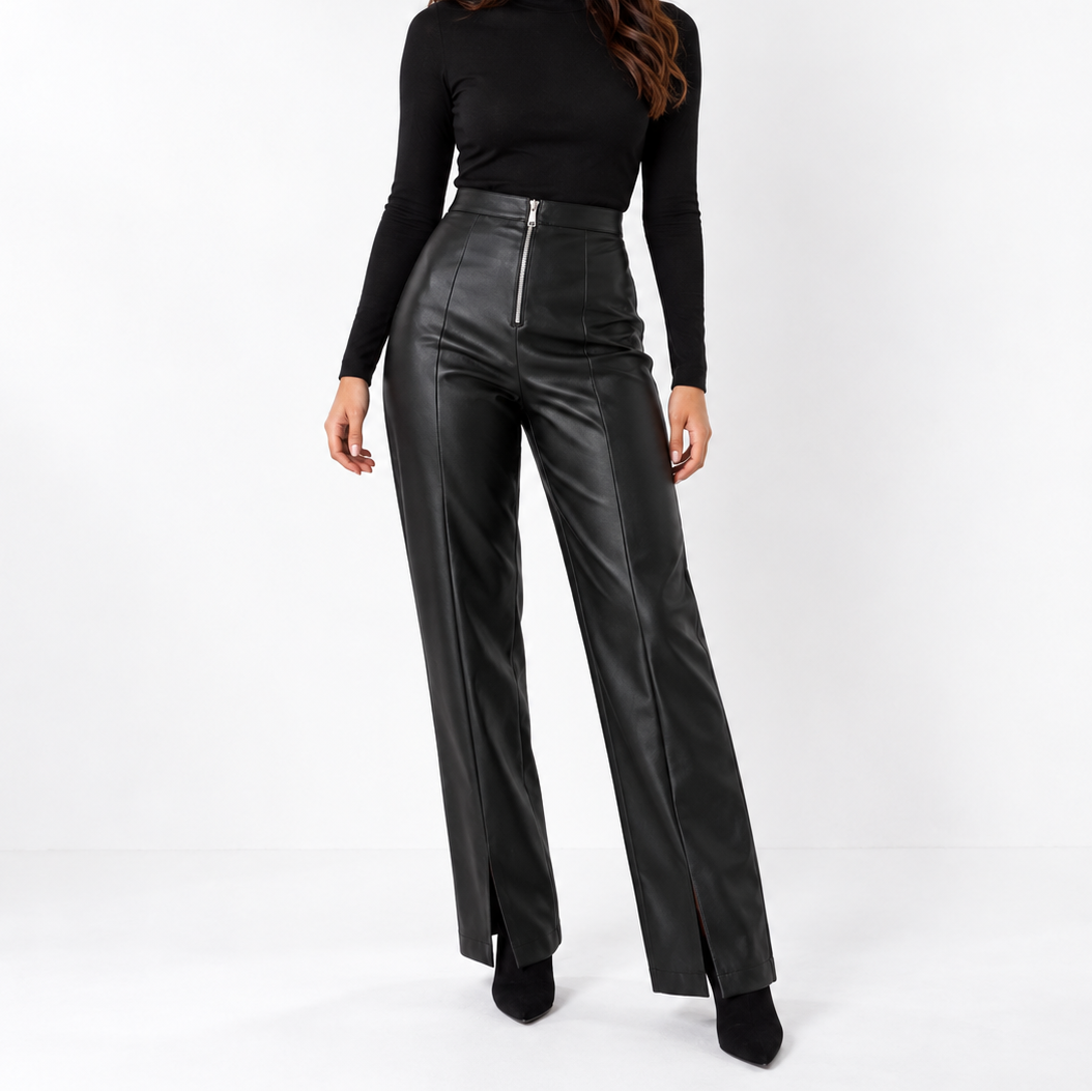 Women's High-Waisted Wide-Leg Faux Leather Pants – Structured Design with Panel Details for Elegant Everyday and Evening Outfits