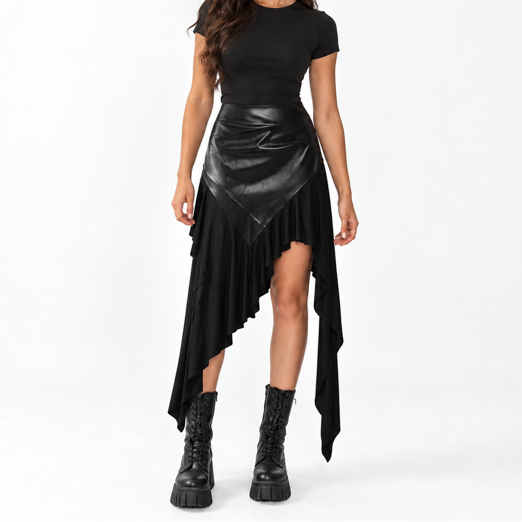 Women's asymmetric skirt with faux leather panels and a draped hem – high-waisted statement skirt for parties and elegant evenings