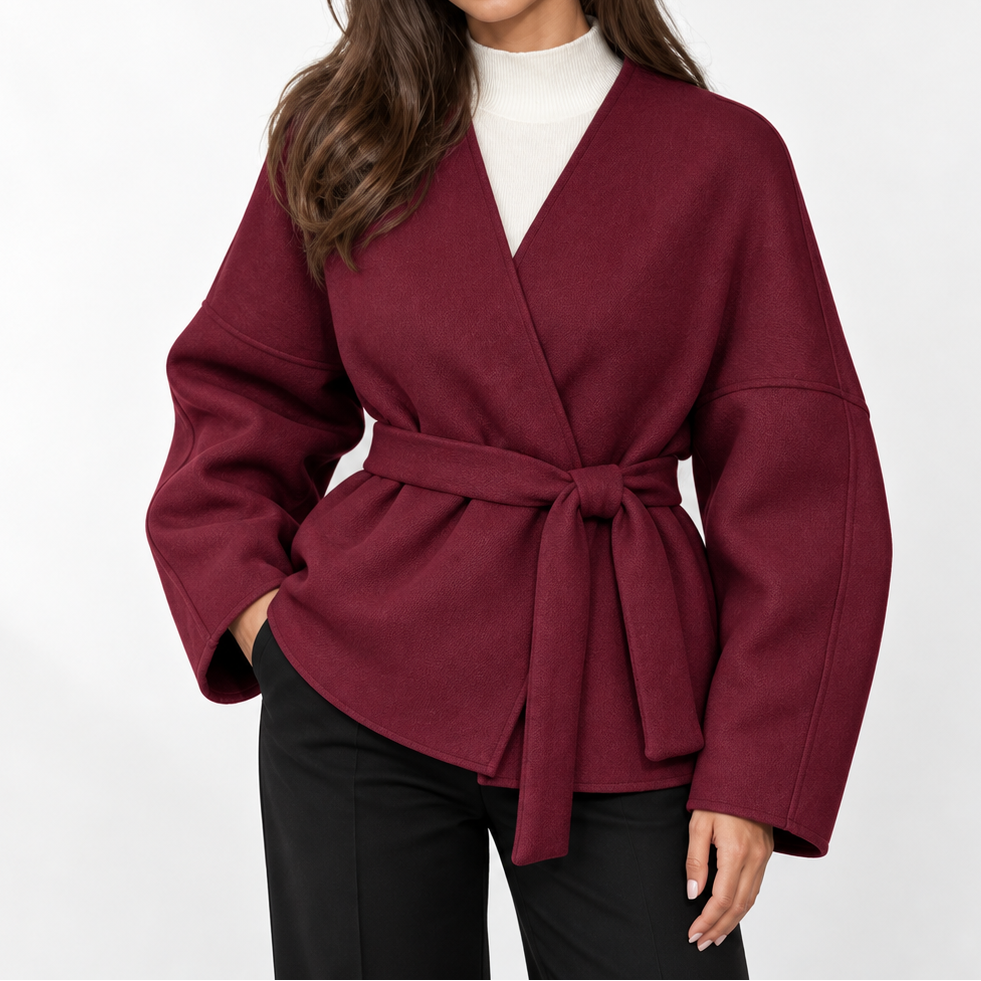 Women's Wrap Jacket with Belt, V-Neck, and Wide Sleeves – Elegant Jacket with a Tailored Cut for Fall and Stylish Everyday Wear