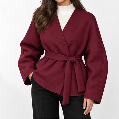 Women's Wrap Jacket with Belt, V-Neck, and Wide Sleeves – Elegant Jacket with a Tailored Cut for Fall and Stylish Everyday Wear