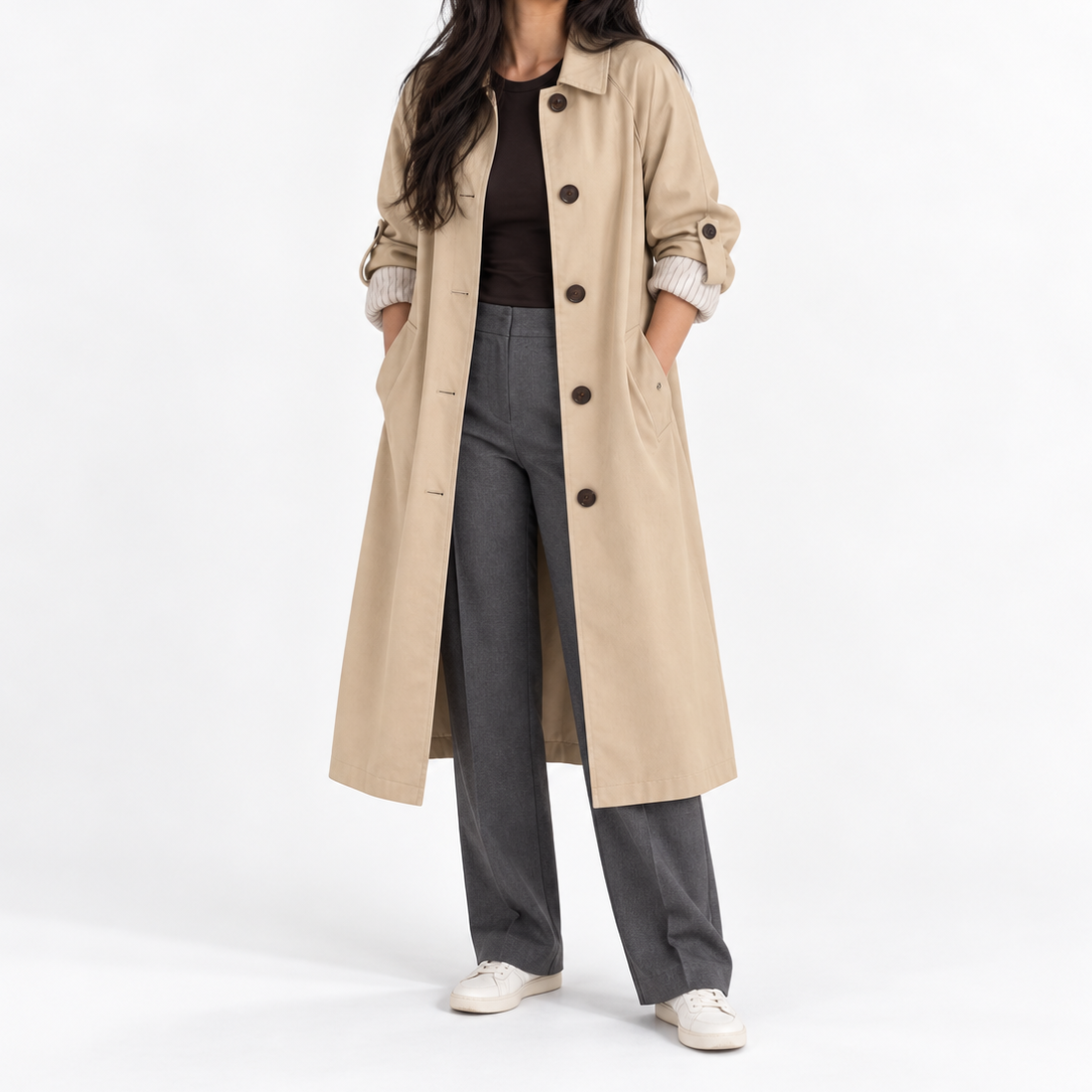Gabardina larga para mujer con cierre sencillo, mangas raglán y cuello de pico – Corte holgado para viajar en primavera y crear looks a capas para el día a día