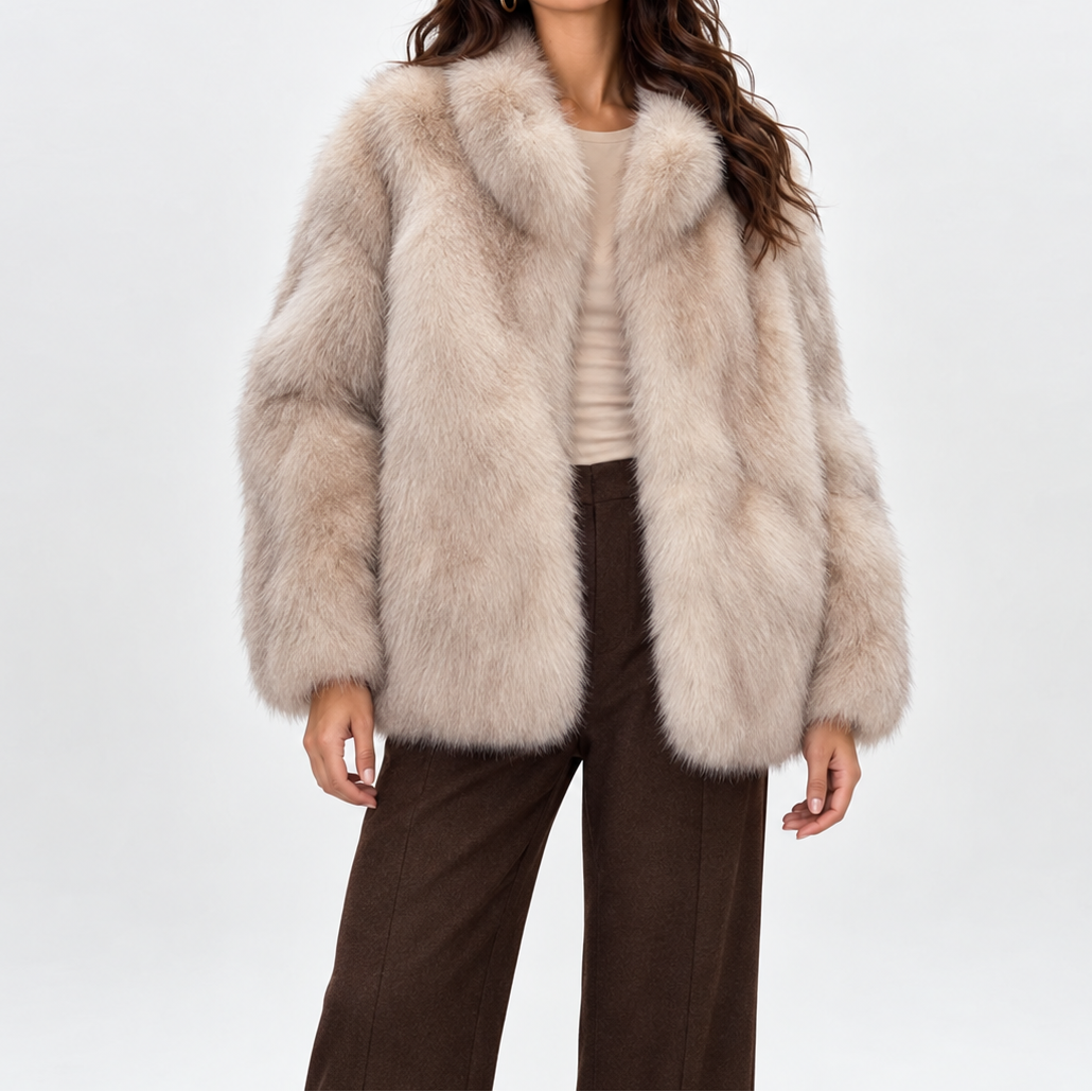 Women's Short Soft Faux Fur Coat with High Collar – Elegant Winter Outerwear for Cold Days and Stylish Evening Events