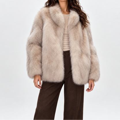 Women's Short Soft Faux Fur Coat with High Collar – Elegant Winter Outerwear for Cold Days and Stylish Evening Events