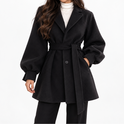 Women's Short Wool-Blend Coat with Belt, Notched Lapels, and Balloon Sleeves – Elegant Outerwear for Fall, Winter, and Stylish Everyday Wear