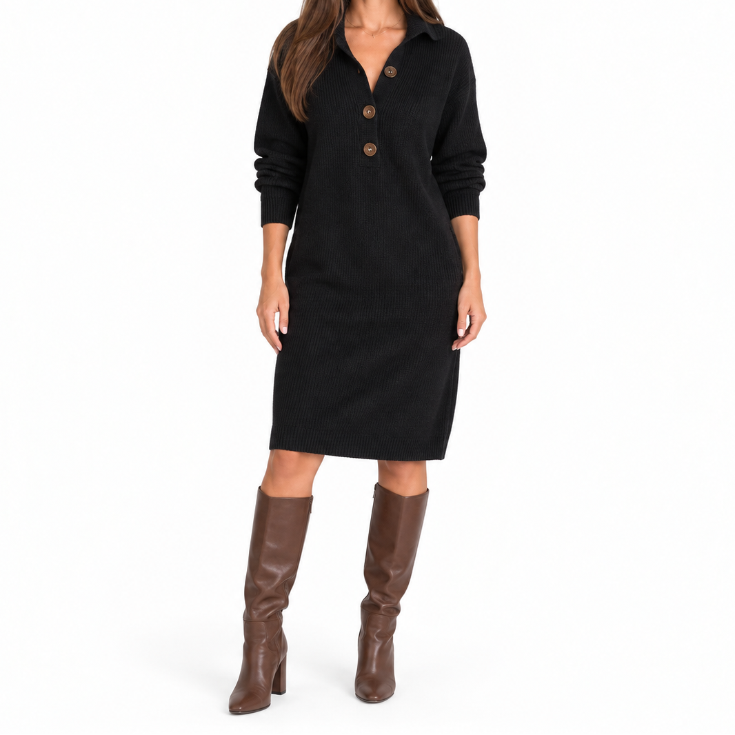 Vestido midi de punto para mujer, con cuello, botones y mangas largas – Vestido tipo suéter informal para otoño, invierno y el día a día con estilo