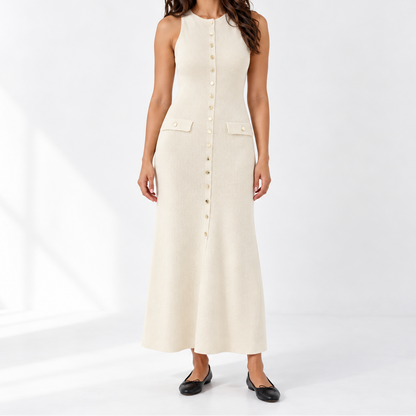 Women's Sleeveless Knit Midi Dress with Crew Neck and Front Button Closure – Fitted Dress for Stylish Everyday Outfits and Smart-Casual Looks