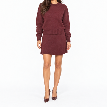Women's Two-Piece Knit Set with Relaxed Crew-Neck Sweater and Matching Miniskirt - Stylish Set for Everyday Wear and Smart-Casual Outfits