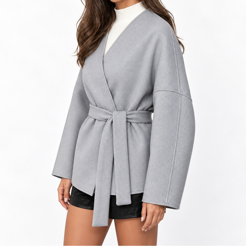 Women's Wrap Jacket with Belt, V-Neck, and Wide Sleeves – Elegant Jacket with a Tailored Cut for Fall and Stylish Everyday Wear
