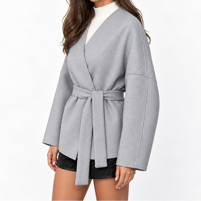 Women's Wrap Jacket with Belt, V-Neck, and Wide Sleeves – Elegant Jacket with a Tailored Cut for Fall and Stylish Everyday Wear