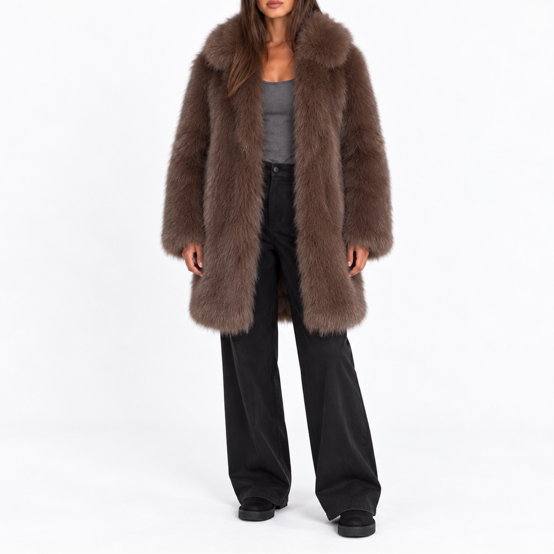 Women's Mid-Length Winter Coat in Faux Fur with Wide Lapels – Soft, Full-Bodied Coat for Elegant Everyday and Evening Outfits