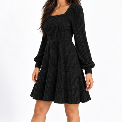 Rochie mini reiată de damă, cu decolteu pătrat și mâneci lungi – Rochie cambrată, cu fustă evazată, pentru toamnă, iarnă și ocazii festive